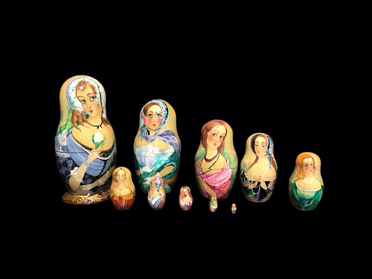 Russian Matryoshka Dolls, Handpainted, Set of 10