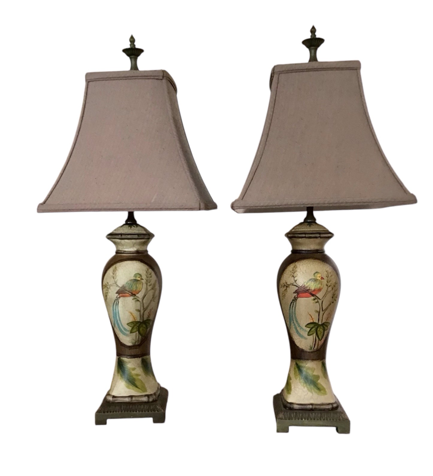 Pair French Style Lamps, painted, birds, 29"h