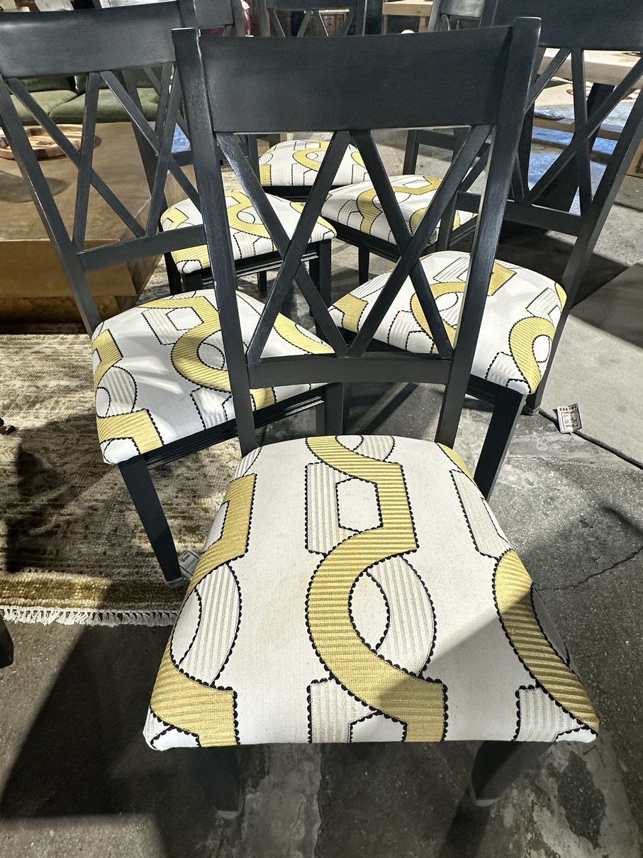 PAIR of dining chairs, black/yellow/white upholstery, 18"x19"x38"