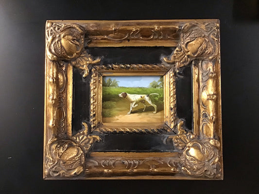 small hunting dog oil/acrylic painting with gold frame 9"x8 "