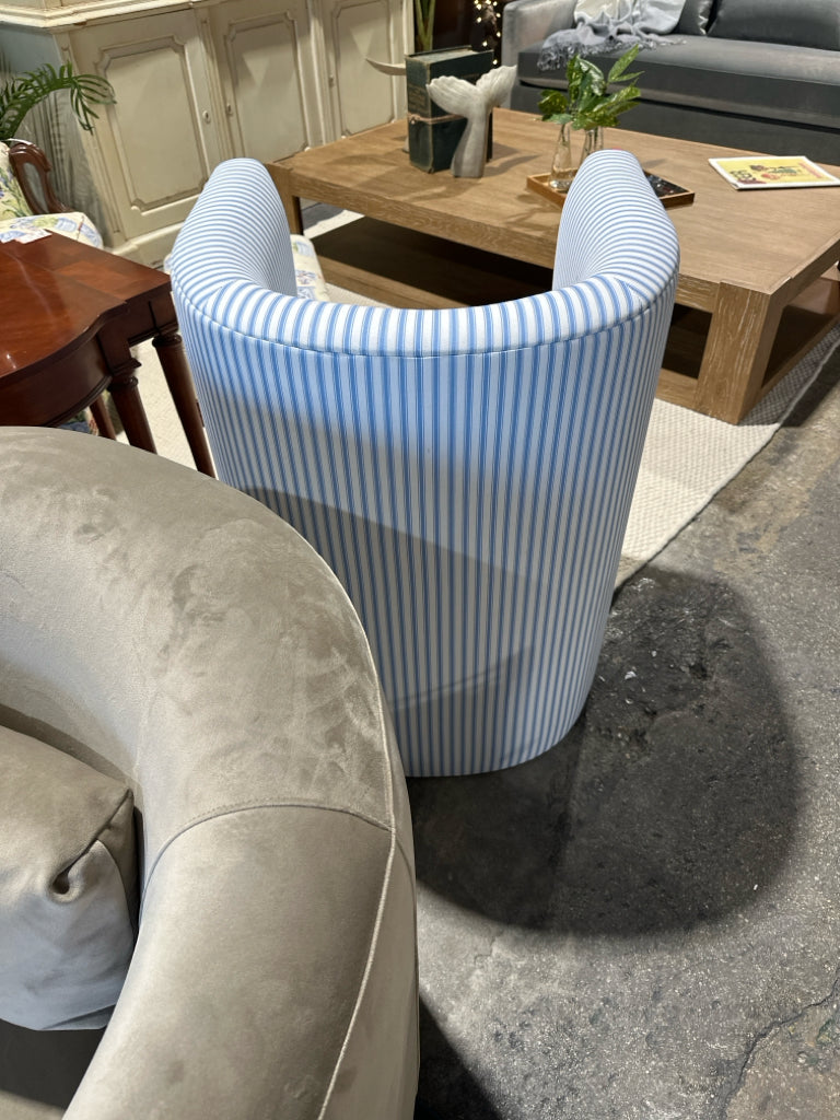 Havenly Occasional Barrel Chair, blue/white ticking,24"x25"x35"H