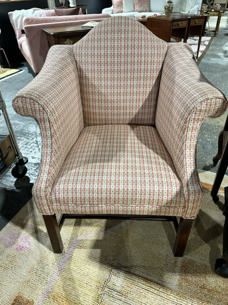 Chippendale upholstered chair, ivory/pink/grn, 24"x25"x36"h