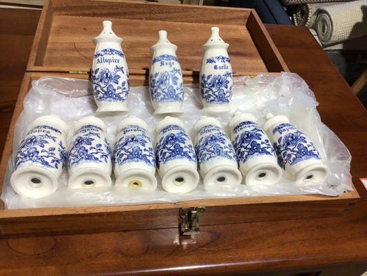 10 Vintage Blue & White Spice Jars