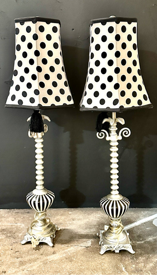 PAIR of whimsical black/white/silver table lamps, 34"h