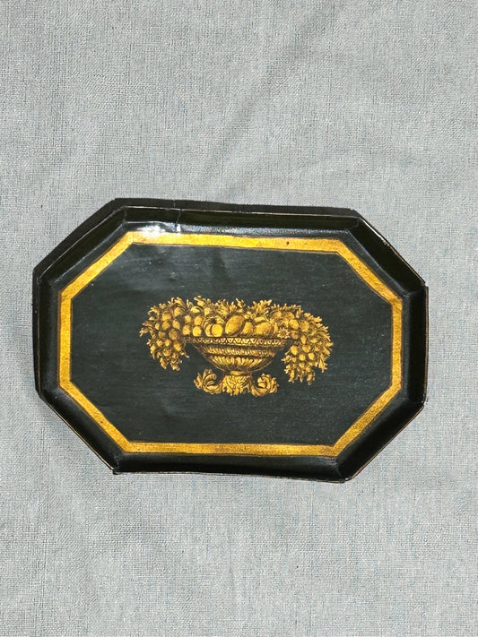 Antique handpainted small tray, green/gold, 9"x6"