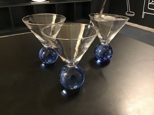 set of three cocktail glasses with blue bubble ball base