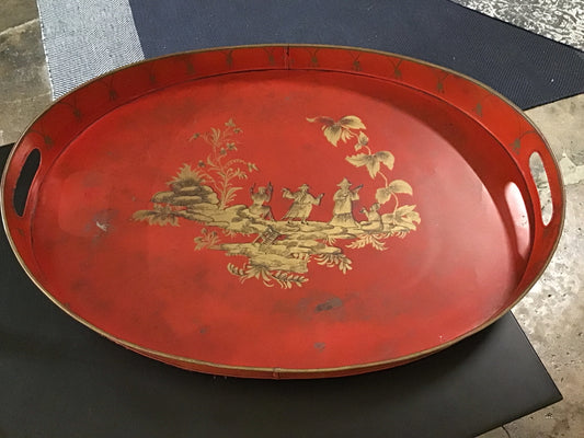 Red Asian inspired metal chinoiserie tray 25.5"x 18.5"