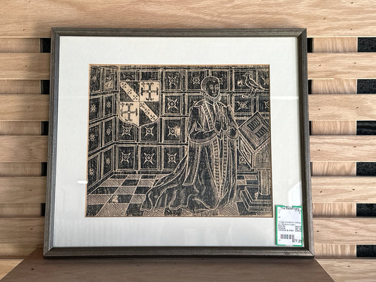 Vintage woodblock rubbing art, Medieval subject, 16"x14.25"