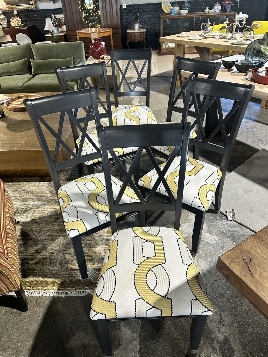 PAIR of dining chairs, black/yellow/white upholstery, 18"x19"x38"