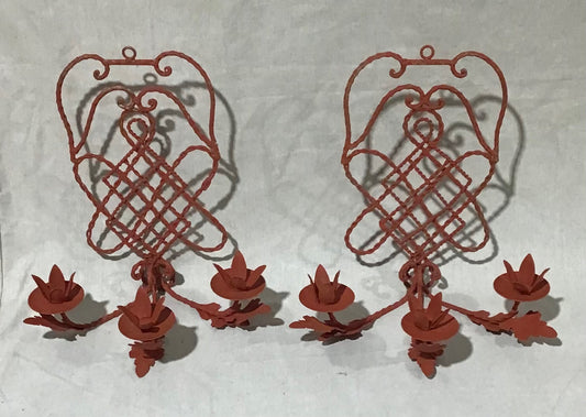 Vintage pair of Toleware candelabras 13"x9"x15"H terracotta color