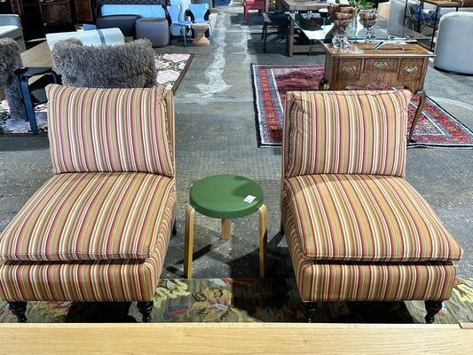 PAIR of Mitchell Gold slipper chairs, casters, h:32 w:23.50 d:22.50 in